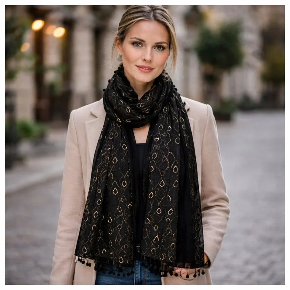 ✨ Vintage Black Velvet & Sheer Metallic Scarf — Made in Korea